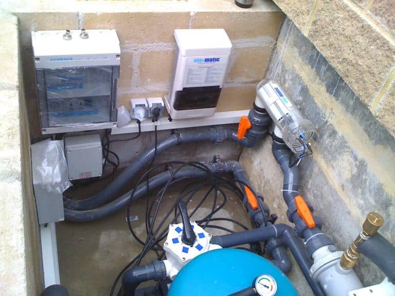 Ceramic pool installation and pool technology shaft