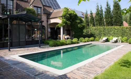 Traditional-style brick house with solar panels and a rectangular garden pool bordered by lush greenery and brick paving.
