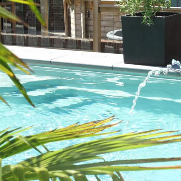 Modern garden pool with a gentle water feature surrounded by tropical plants and natural wood decking.