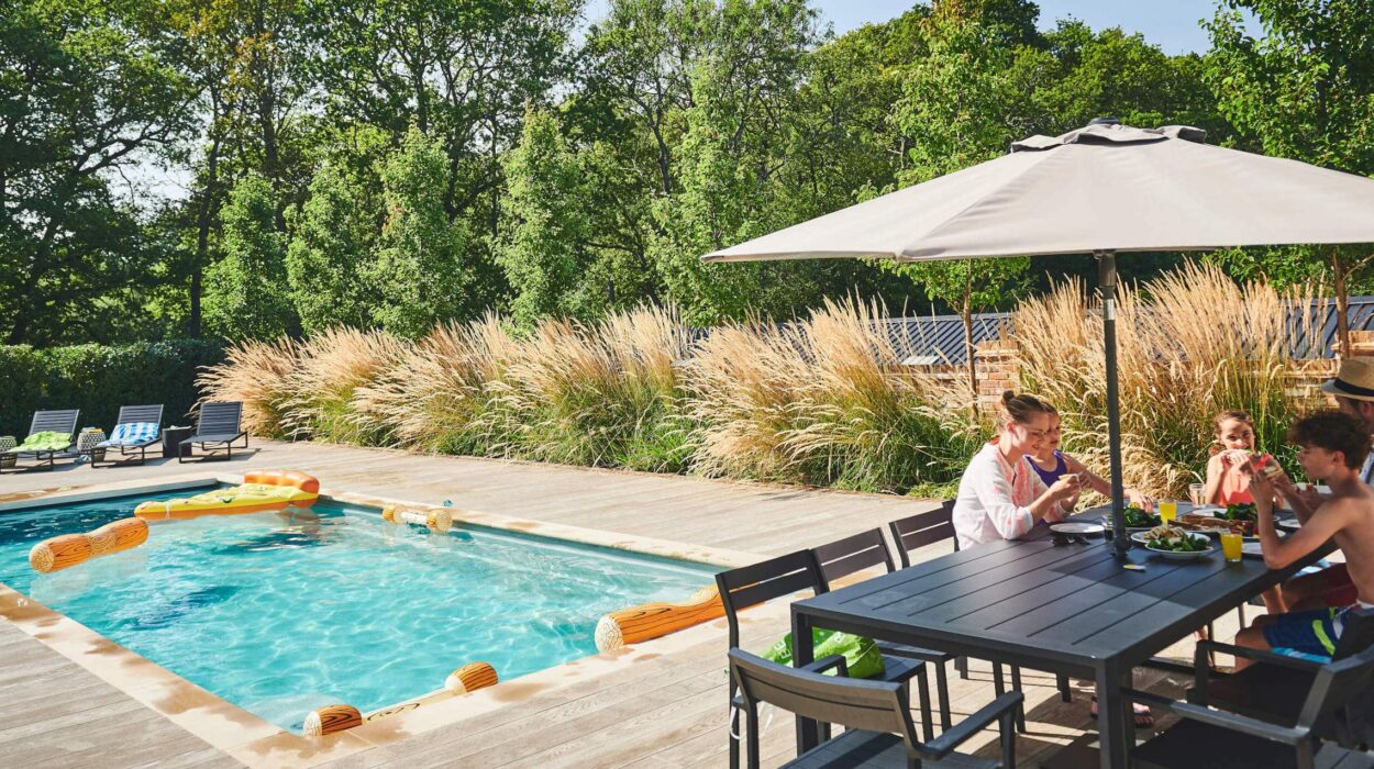 Family meal by the pool