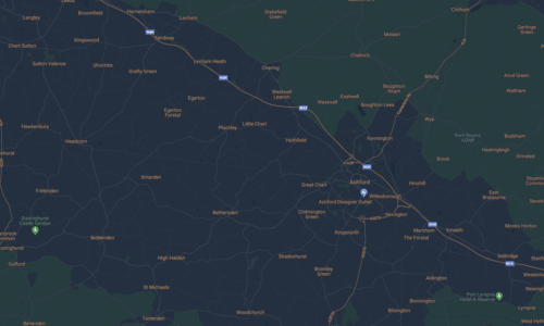 Map view of Ashford and surrounding villages highlighting key routes and landmarks.